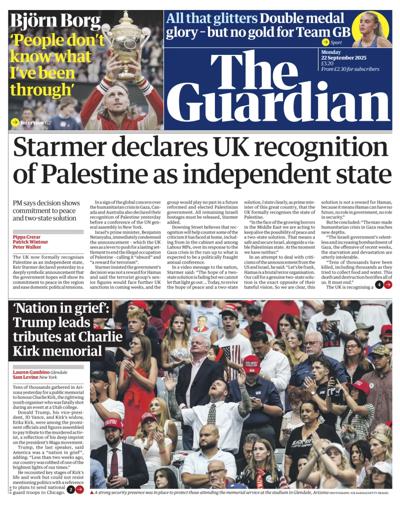 The Guardian Newspaper Front Page (UK) for 22 September 2025