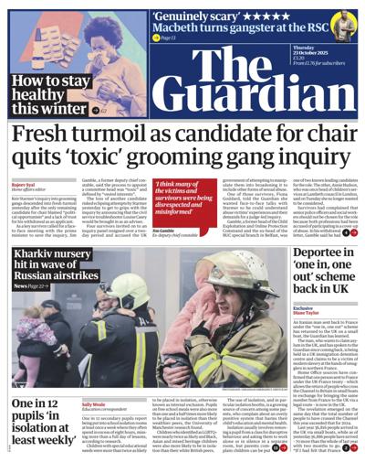 The Guardian Newspaper Front Page (UK) for 23 October 2025