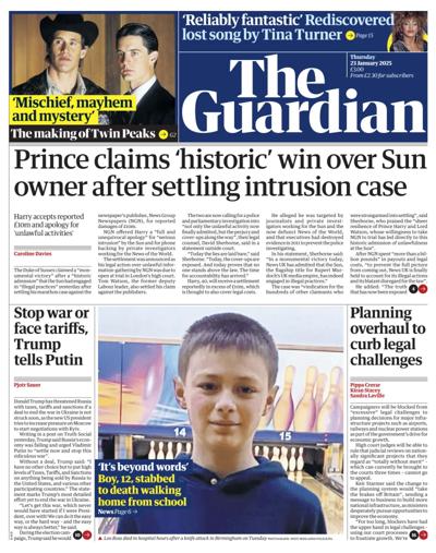 The Guardian Newspaper Front Page (UK) for 23 January 2025