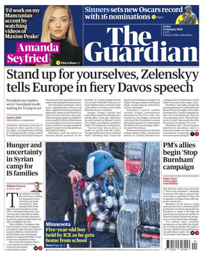 The Guardian Newspaper Front Page (UK) for 23 January 2026