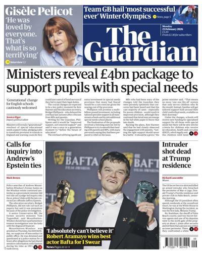 The Guardian Newspaper Front Page (UK) for 23 February 2026