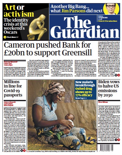 The Guardian Newspaper Front Page (UK) for 23 April 2021