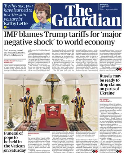 The Guardian Newspaper Front Page (UK) for 23 April 2025