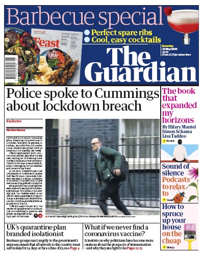 The Guardian Newspaper Front Page (UK) for 23 May 2020