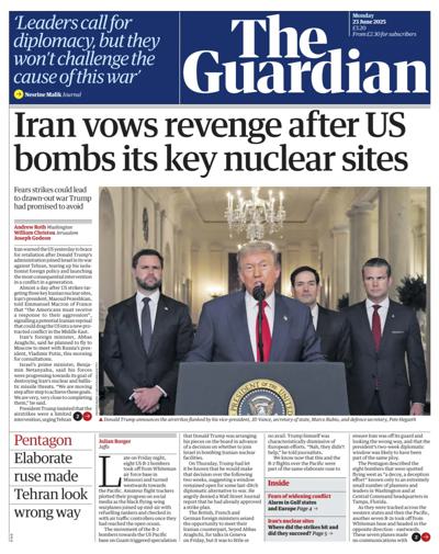 The Guardian Newspaper Front Page (UK) for 23 June 2025