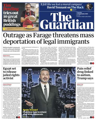 The Guardian Newspaper Front Page (UK) for 23 September 2025