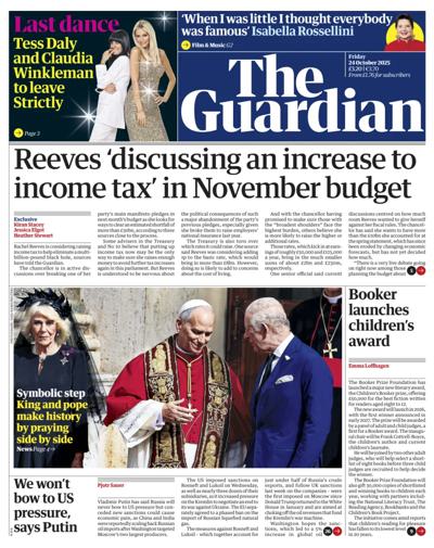 The Guardian Newspaper Front Page (UK) for 24 October 2025
