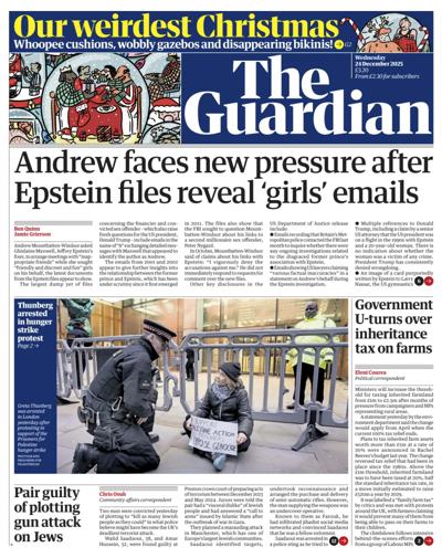 The Guardian Newspaper Front Page (UK) for 24 December 2025