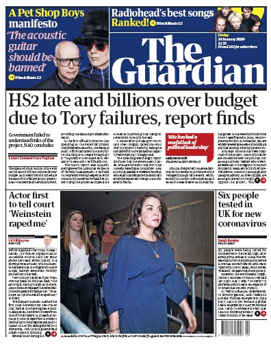 The Guardian Newspaper Front Page (UK) for 24 January 2020