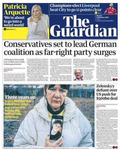 The Guardian Newspaper Front Page (UK) for 24 February 2025