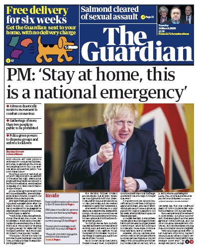 The Guardian Newspaper Front Page (UK) for 24 March 2020