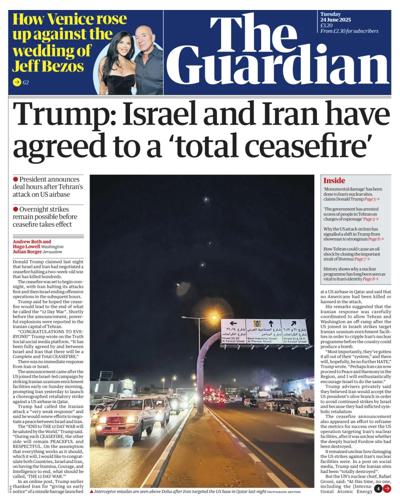 The Guardian Newspaper Front Page (UK) for 24 June 2025