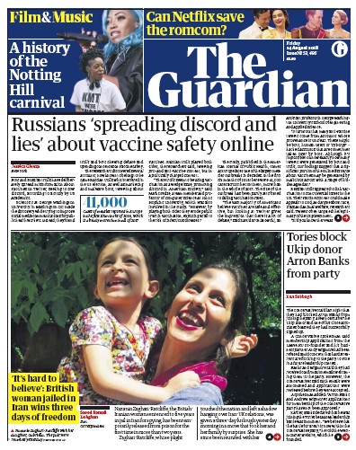 The Guardian Newspaper Front Page (UK) for 24 August 2018