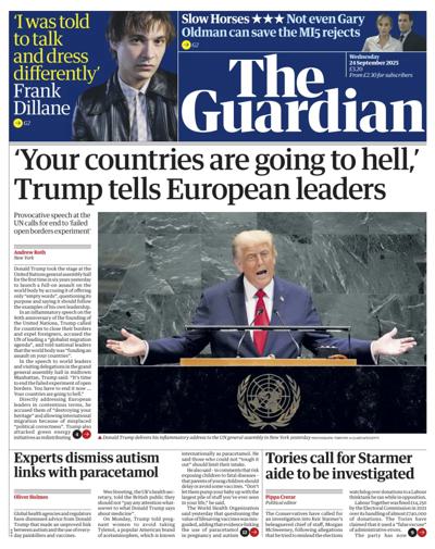 The Guardian Newspaper Front Page (UK) for 24 September 2025