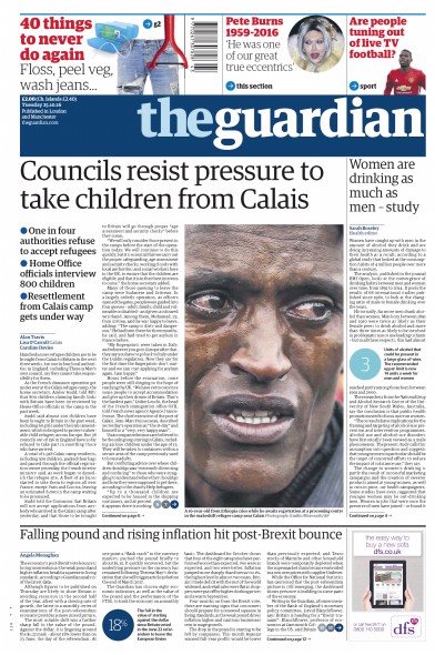 The Guardian Newspaper Front Page (UK) for 25 October 2016