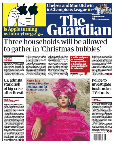 The Guardian Newspaper Front Page (UK) for 25 November 2020