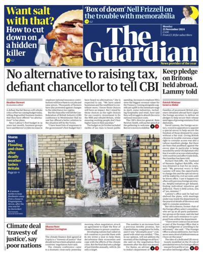 The Guardian Newspaper Front Page (UK) for 25 November 2024