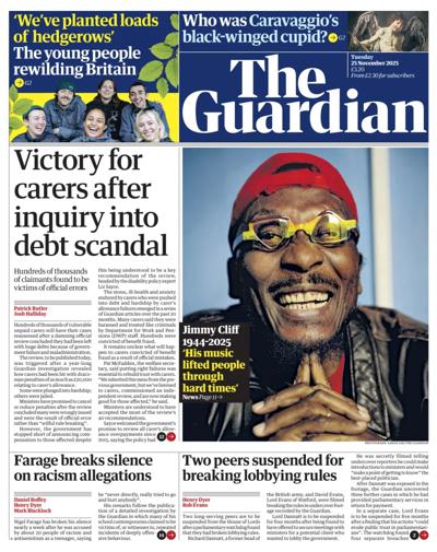 The Guardian Newspaper Front Page (UK) for 25 November 2025