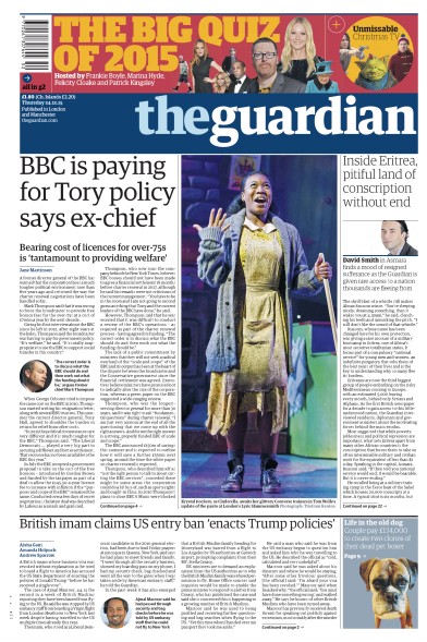 The Guardian Newspaper Front Page (UK) for 25 December 2015