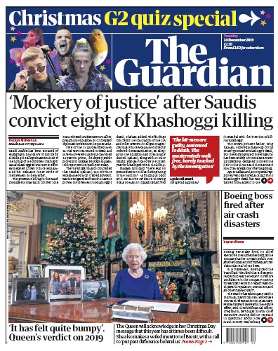 The Guardian Newspaper Front Page (UK) for 25 December 2019