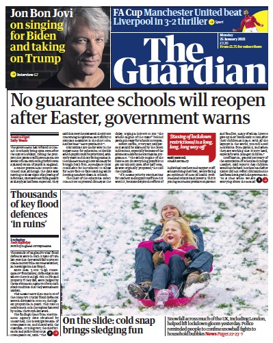 The Guardian Newspaper Front Page (UK) for 25 January 2021