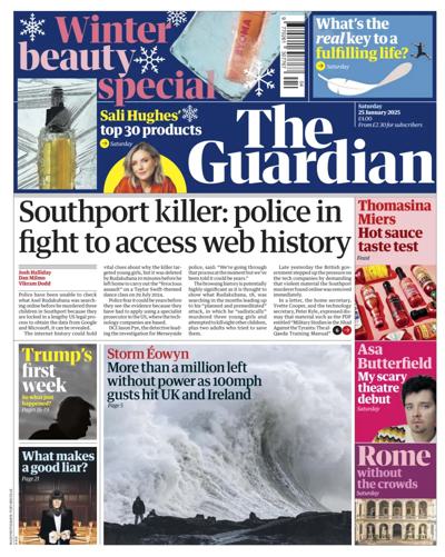 The Guardian Newspaper Front Page (UK) for 25 January 2025