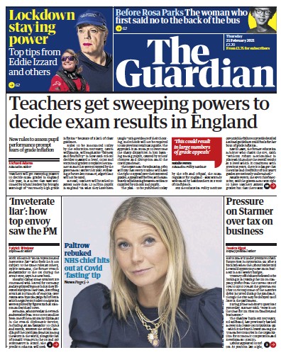 The Guardian Newspaper Front Page (UK) for 25 February 2021