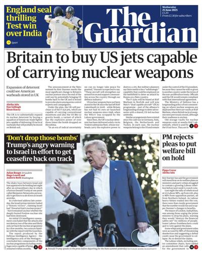 The Guardian Newspaper Front Page (UK) for 25 June 2025