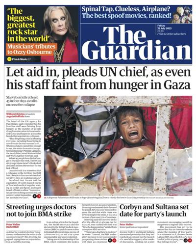 The Guardian Newspaper Front Page (UK) for 25 July 2025