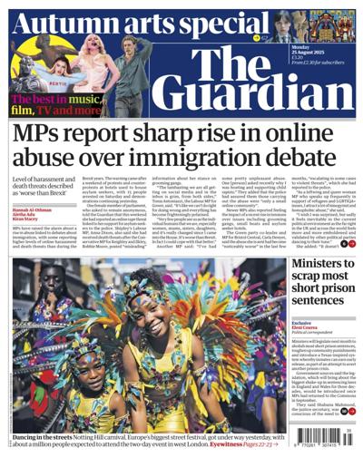 The Guardian Newspaper Front Page (UK) for 25 August 2025