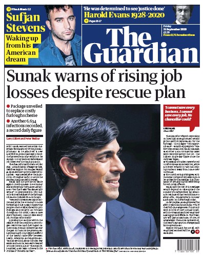 The Guardian Newspaper Front Page (UK) for 25 September 2020