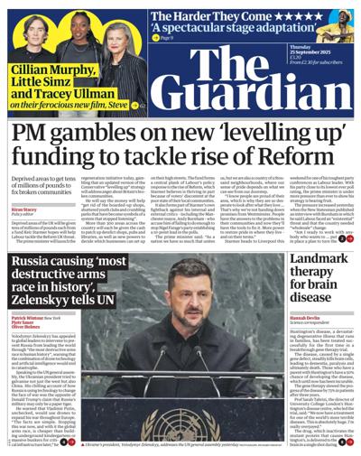 The Guardian Newspaper Front Page (UK) for 25 September 2025