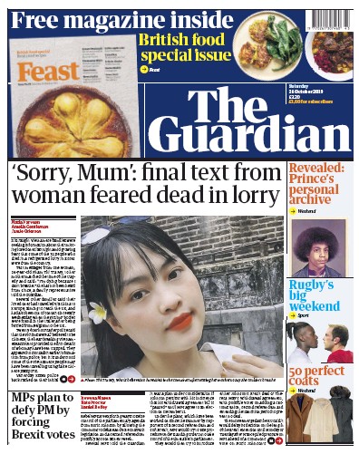 The Guardian Newspaper Front Page (UK) for 26 October 2019