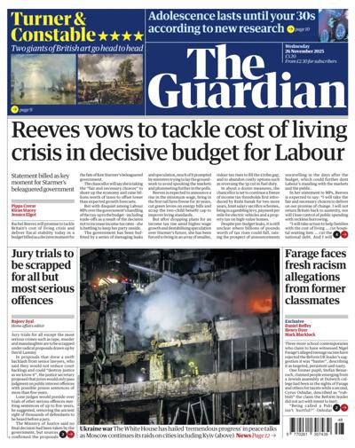The Guardian Newspaper Front Page (UK) for 26 November 2025