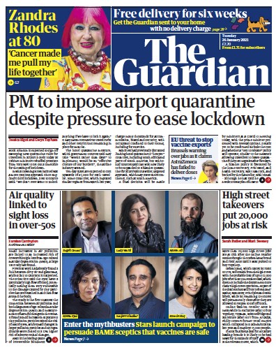 The Guardian Newspaper Front Page (UK) for 26 January 2021