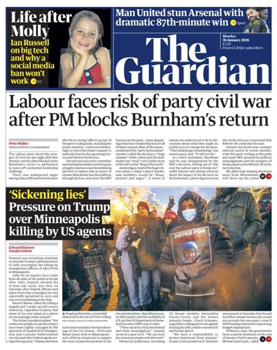 The Guardian Newspaper Front Page (UK) for 26 January 2026