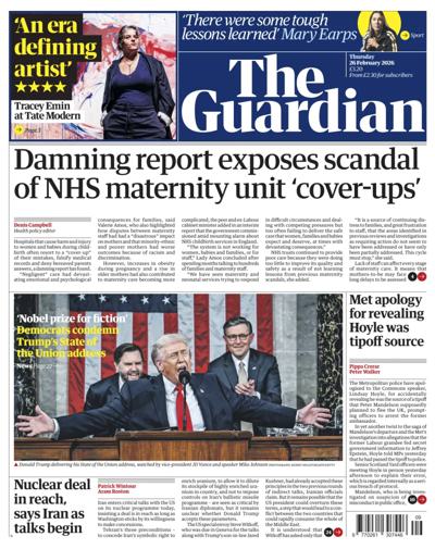 The Guardian Newspaper Front Page (UK) for 26 February 2026