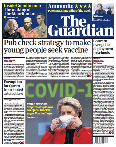 The Guardian Newspaper Front Page (UK) for 26 March 2021