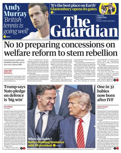 The Guardian Newspaper Front Page (UK) for 26 June 2025