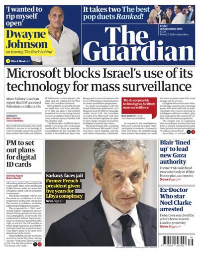 The Guardian Newspaper Front Page (UK) for 26 September 2025
