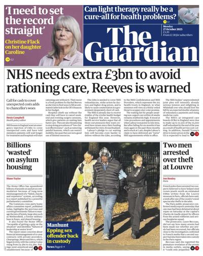The Guardian Newspaper Front Page (UK) for 27 October 2025