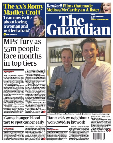 The Guardian Newspaper Front Page (UK) for 27 November 2020