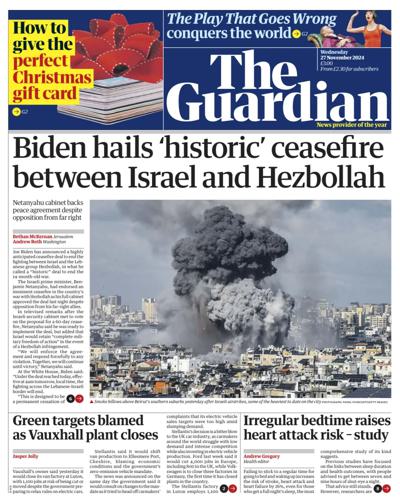 The Guardian Newspaper Front Page (UK) for 27 November 2024