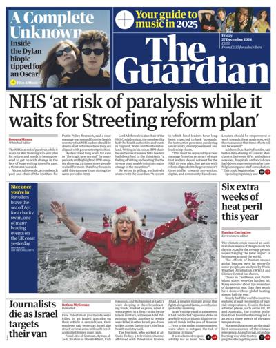 The Guardian Newspaper Front Page (UK) for 27 December 2024