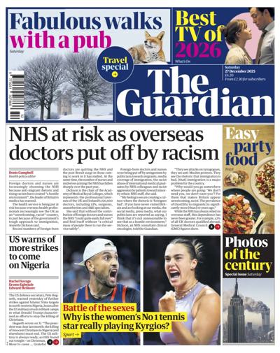 The Guardian Newspaper Front Page (UK) for 27 December 2025