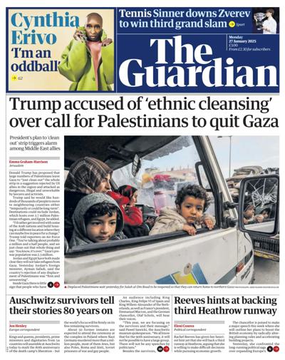 The Guardian Newspaper Front Page (UK) for 27 January 2025