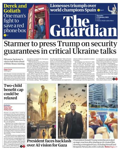 The Guardian Newspaper Front Page (UK) for 27 February 2025