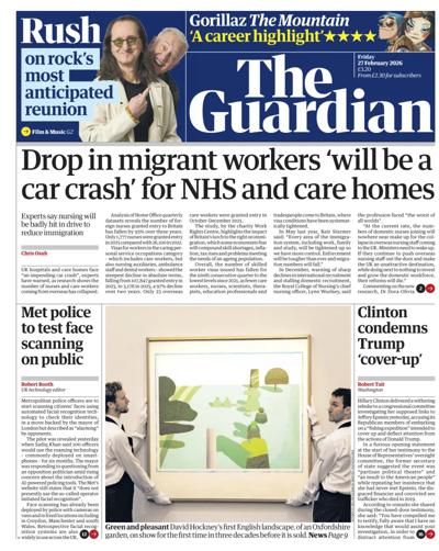 The Guardian Newspaper Front Page (UK) for 27 February 2026