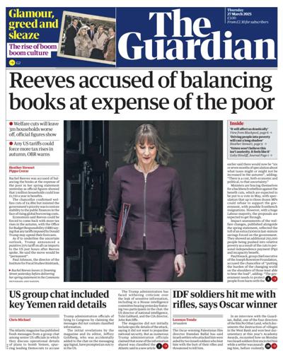 The Guardian Newspaper Front Page (UK) for 27 March 2025