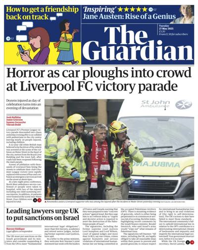 The Guardian Newspaper Front Page (UK) for 27 May 2025